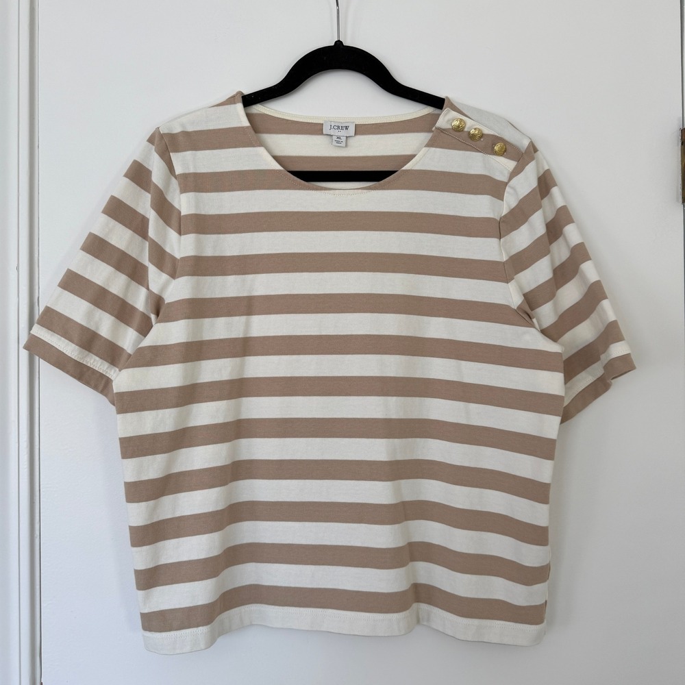 J.Crew‎ Womens XL Striped Short Sleeve Boatneck Top Gold Button Shoulder Beige - Picture 2 of 9